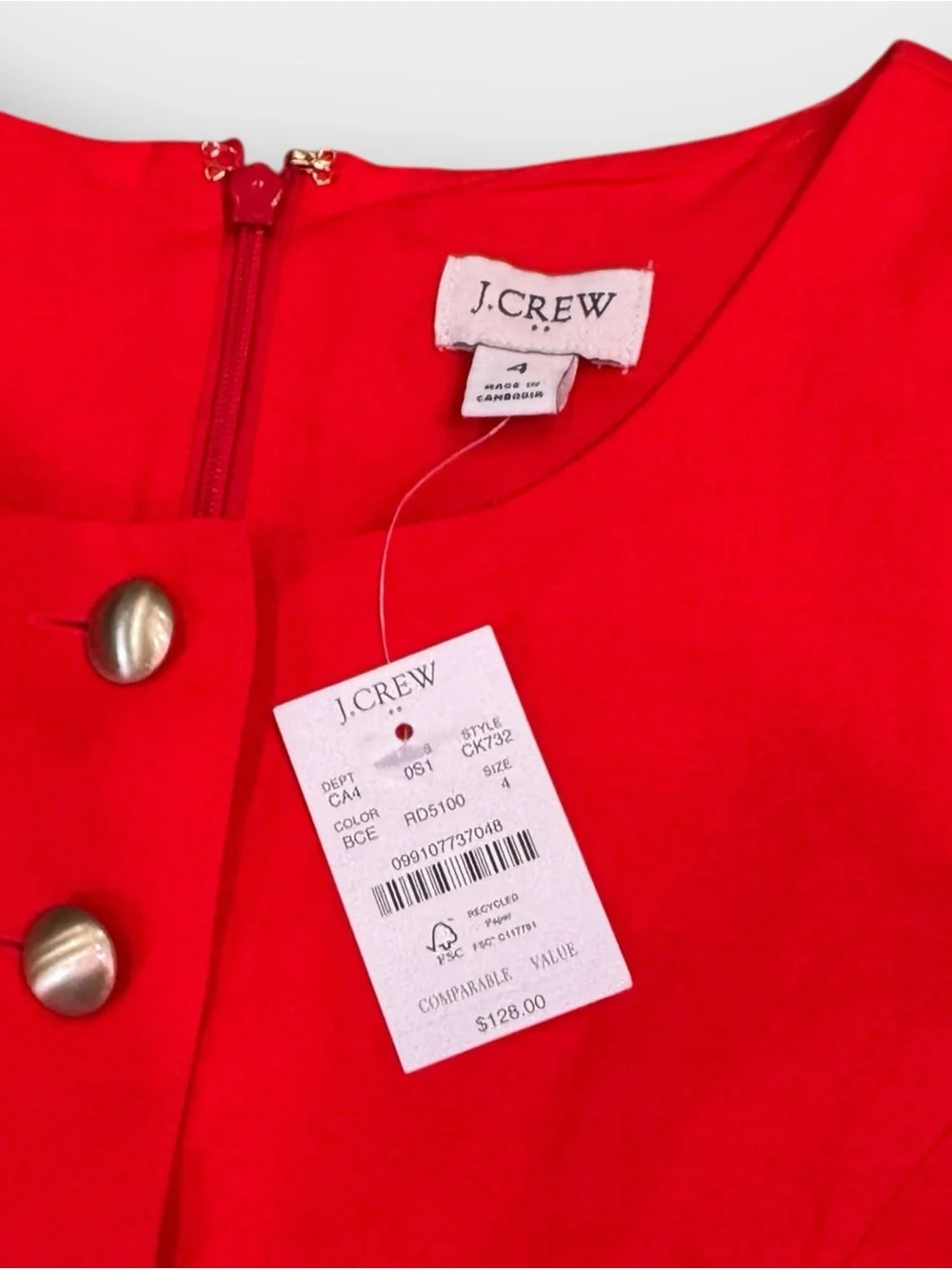 NWT J.Crew Red Linen Blend Military Button Shift Dress Size 4 Lightweight Summer
